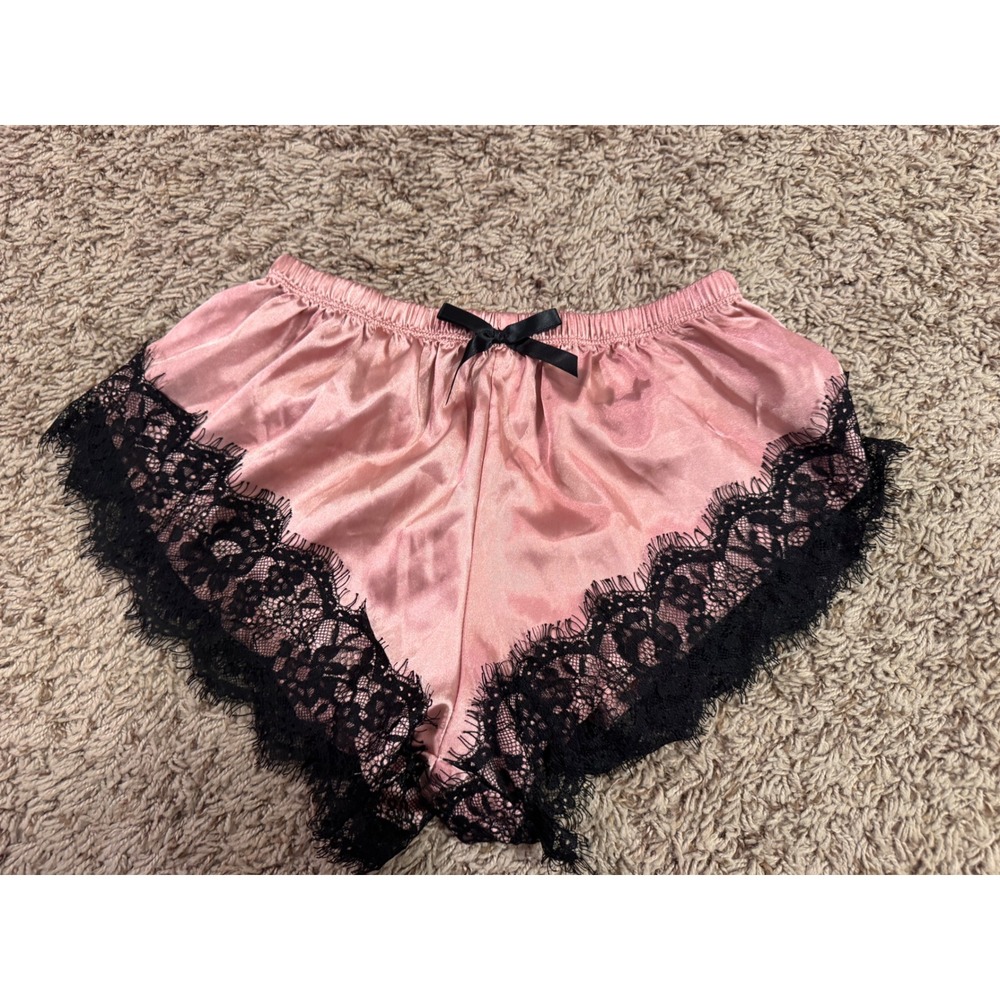 Women's Small Pink Satin Pajama Shorts Black Lace Trim Bow Sleepwear